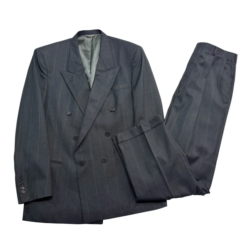 vtg 90s Christian Dior 44L 36x32 Gray Windowpane Pant Suit Double Breasted USA